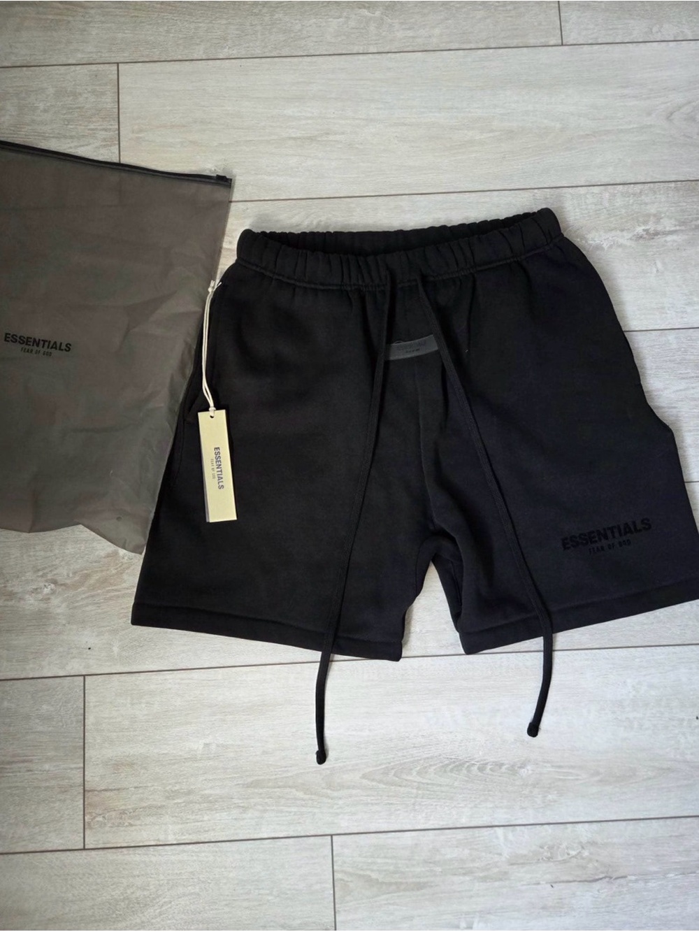 ESSENTIALS Black Logo Elastic Drawstring Athletic Shorts